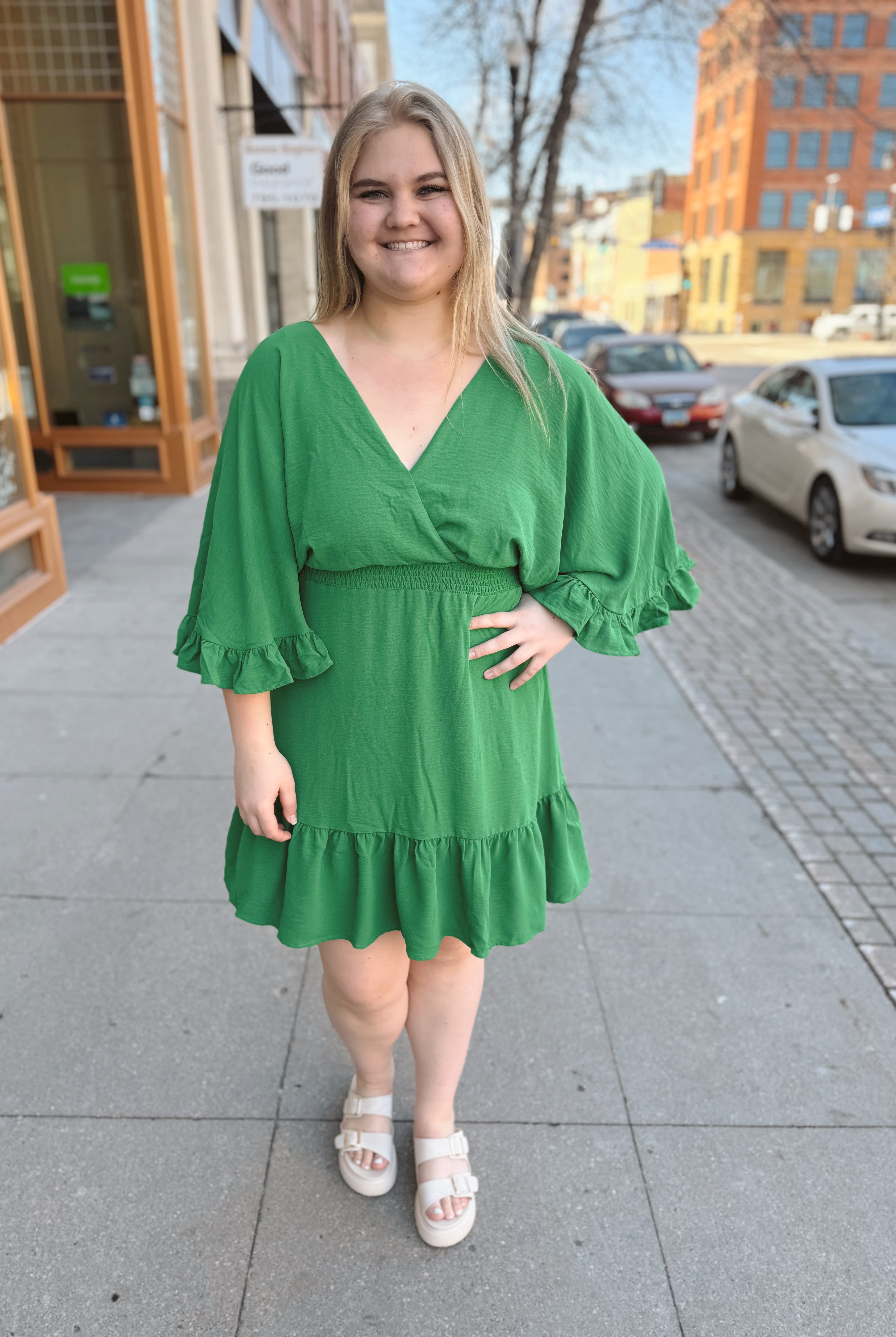 Green Ruffle Dolman Sleeve Dress-Dresses-she and sky-The Silo Boutique, Women's Fashion Boutique Located in Warren and Grand Forks North Dakota