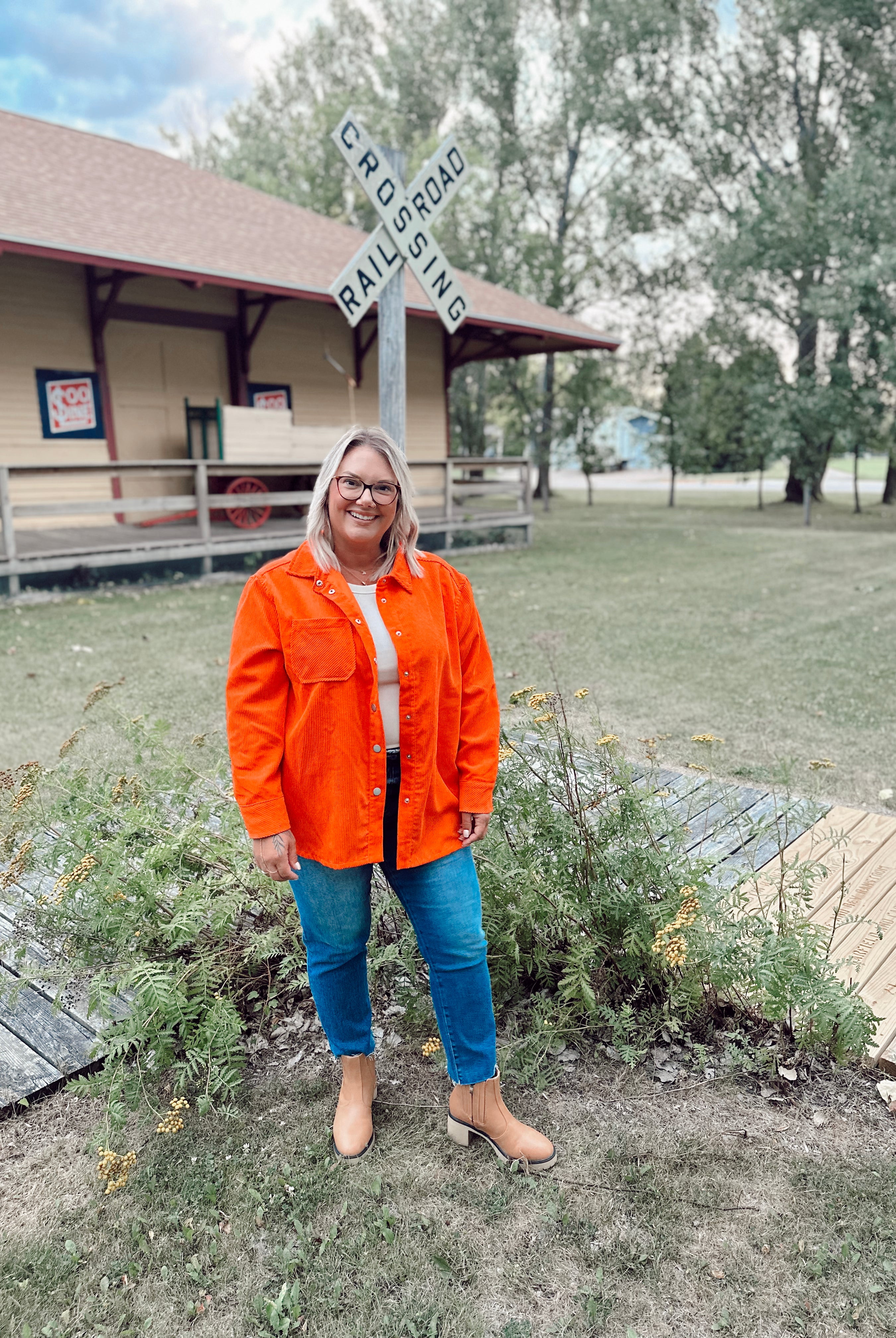 Orange Snap Corduroy Shirt Jacket-top-day moon-The Silo Boutique, Women's Fashion Boutique Located in Warren and Grand Forks North Dakota