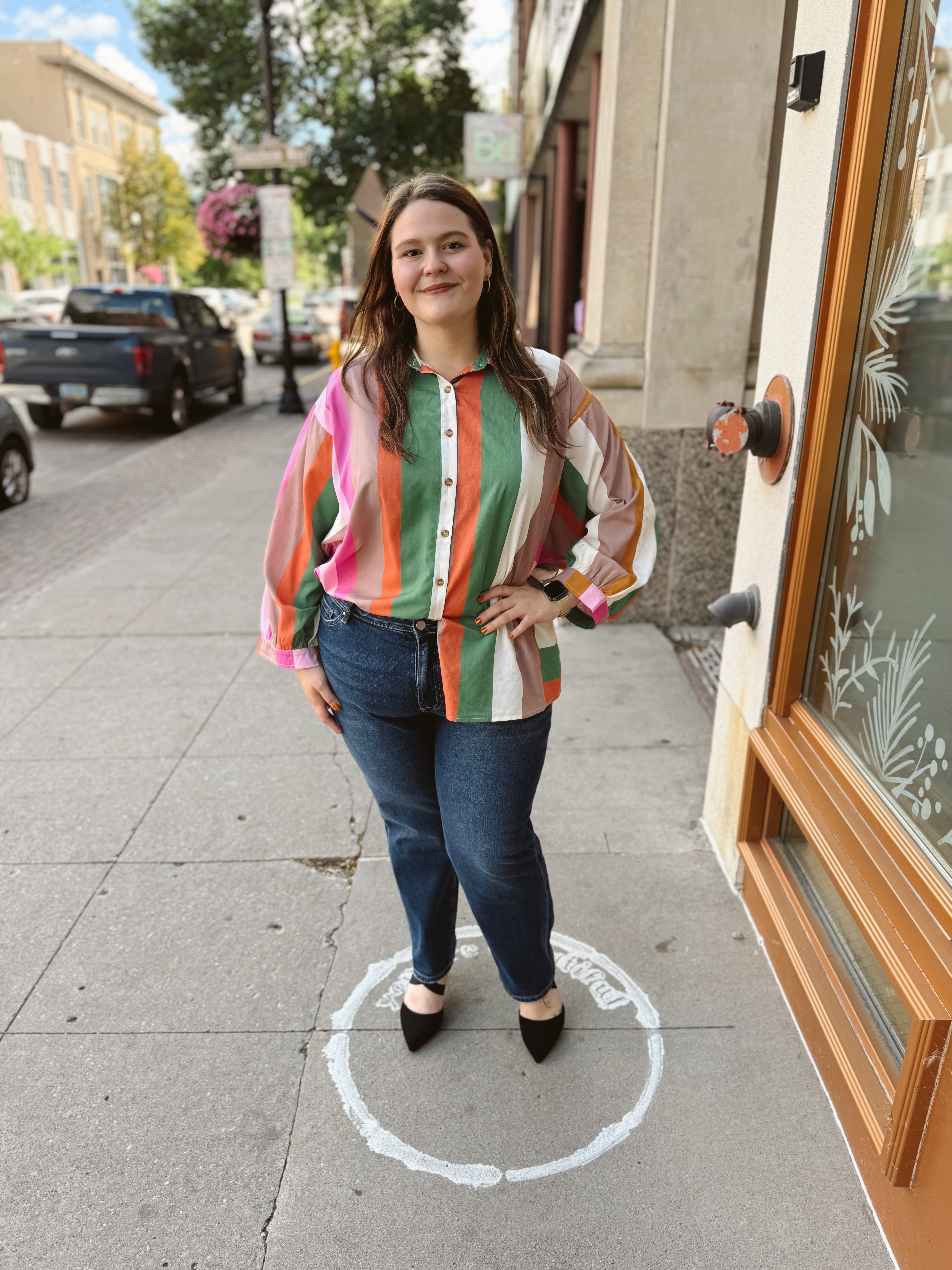 Fun Multi Striped Button Down Top-Long Sleeve Tops-ENTRO-The Silo Boutique, Women's Fashion Boutique Located in Warren and Grand Forks North Dakota