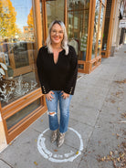 V-Neck Sweater with Gold Detail-Black-Sweaters-ENTRO-The Silo Boutique, Women's Fashion Boutique Located in Warren and Grand Forks North Dakota