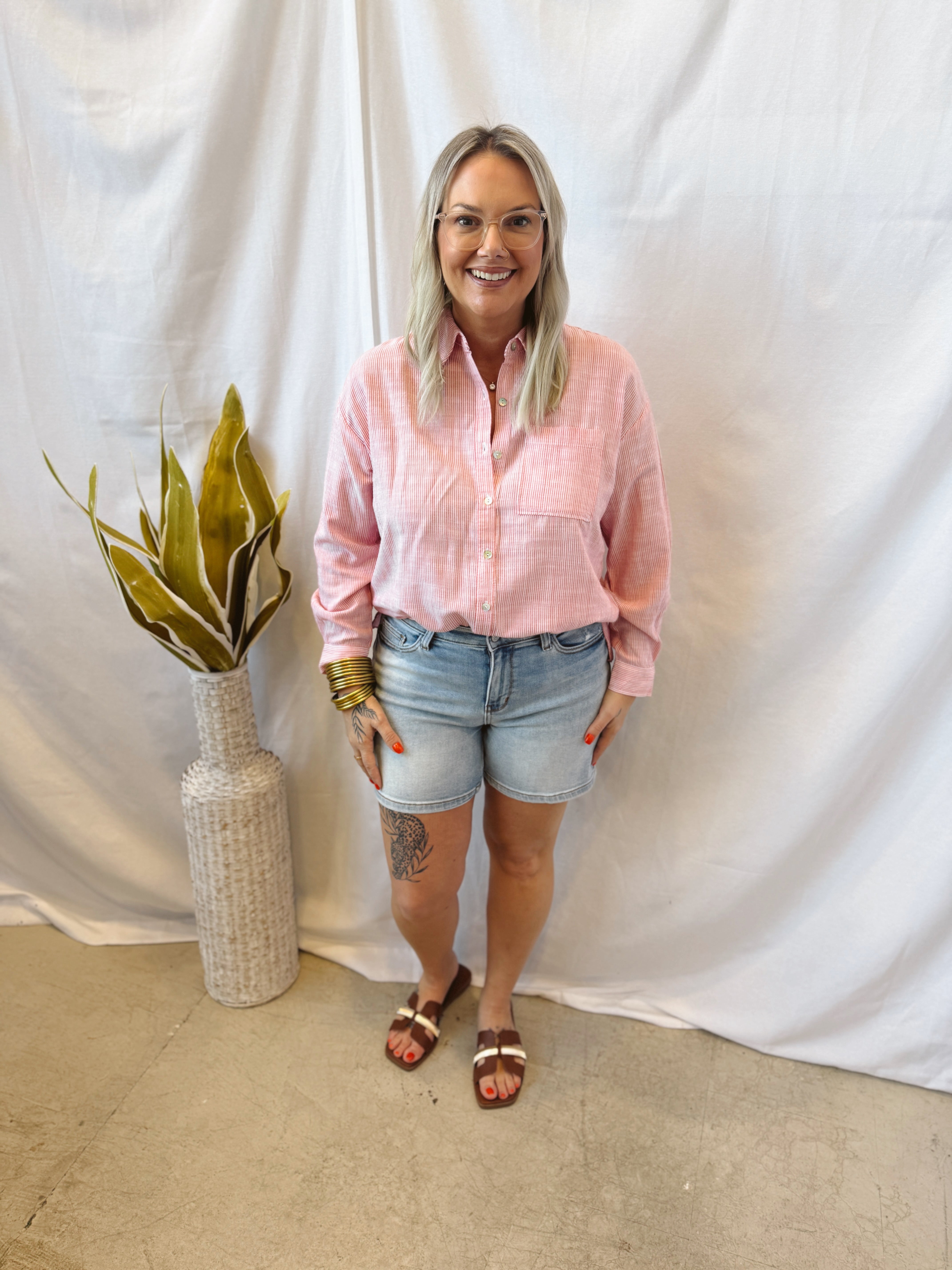 Red Pinstripe Button Down Top-Long Sleeve Tops-be cool-The Silo Boutique, Women's Fashion Boutique Located in Warren and Grand Forks North Dakota