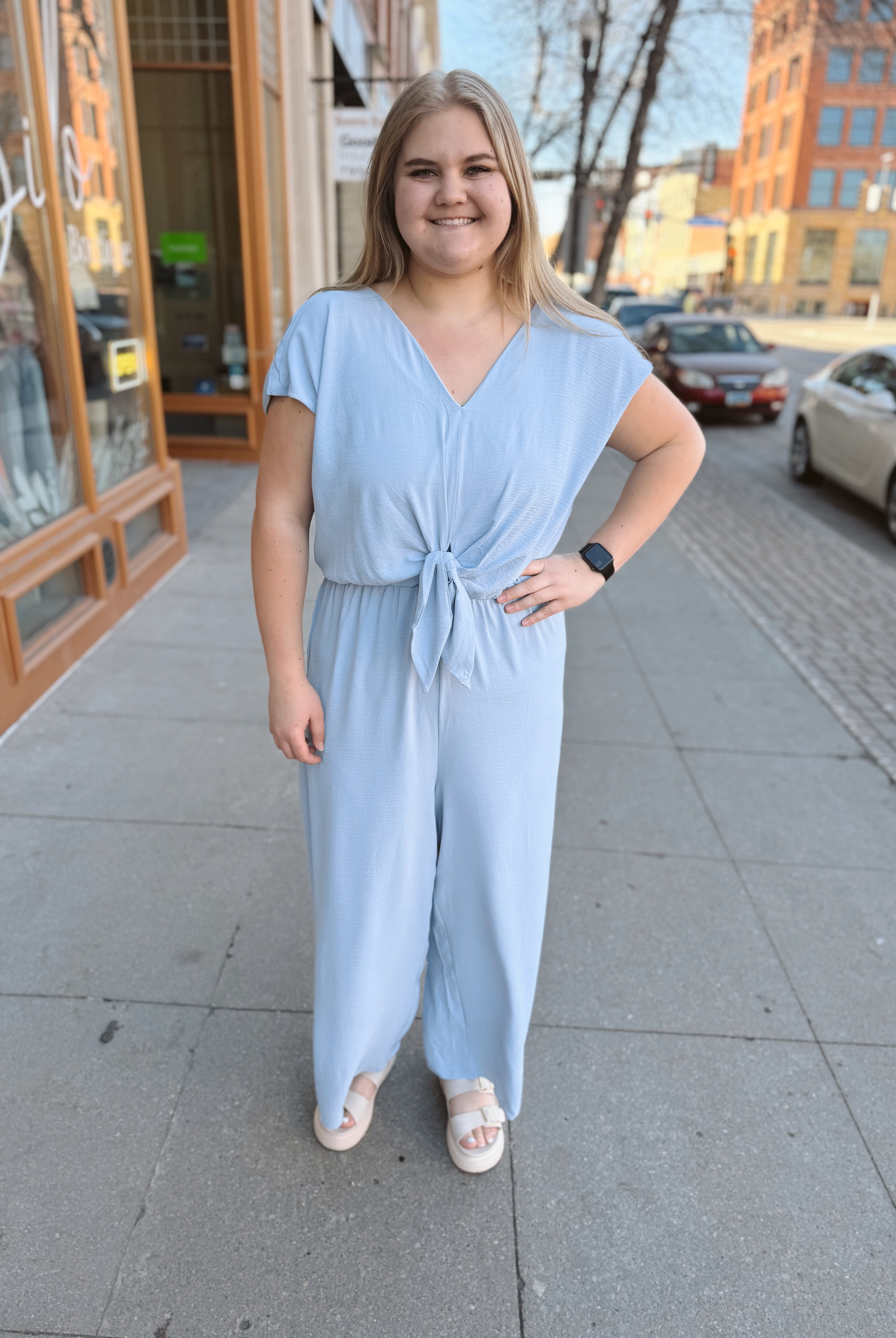Light Blue Short Sleeve Sky Jumpsuit-Jumpsuits & Rompers-she and sky-The Silo Boutique, Women's Fashion Boutique Located in Warren and Grand Forks North Dakota