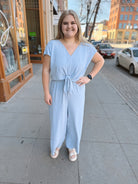 Light Blue Short Sleeve Sky Jumpsuit-Jumpsuits & Rompers-she and sky-The Silo Boutique, Women's Fashion Boutique Located in Warren and Grand Forks North Dakota