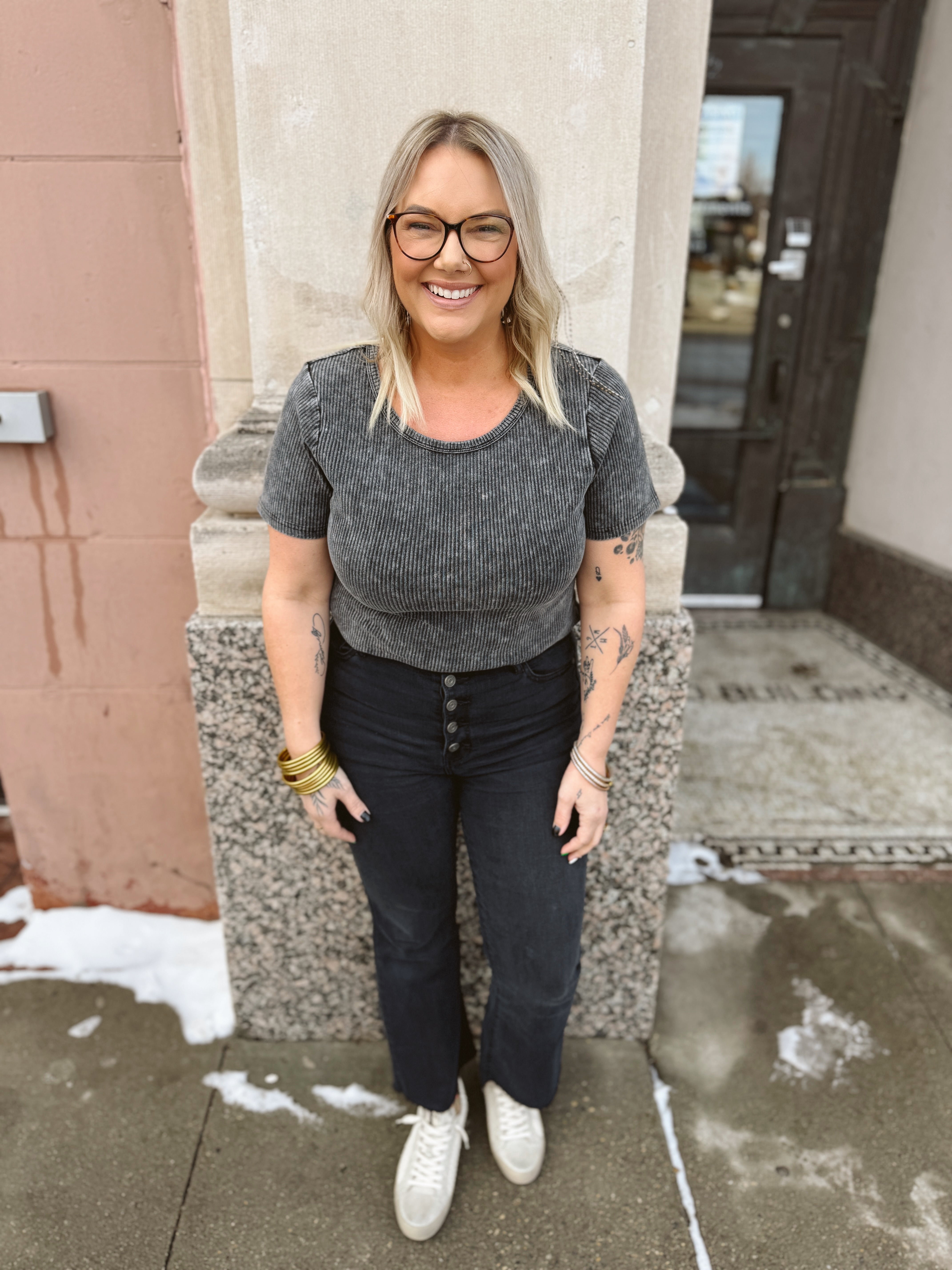 Black Washed Top-Short Sleeve Tops-mystree-The Silo Boutique, Women's Fashion Boutique Located in Warren and Grand Forks North Dakota