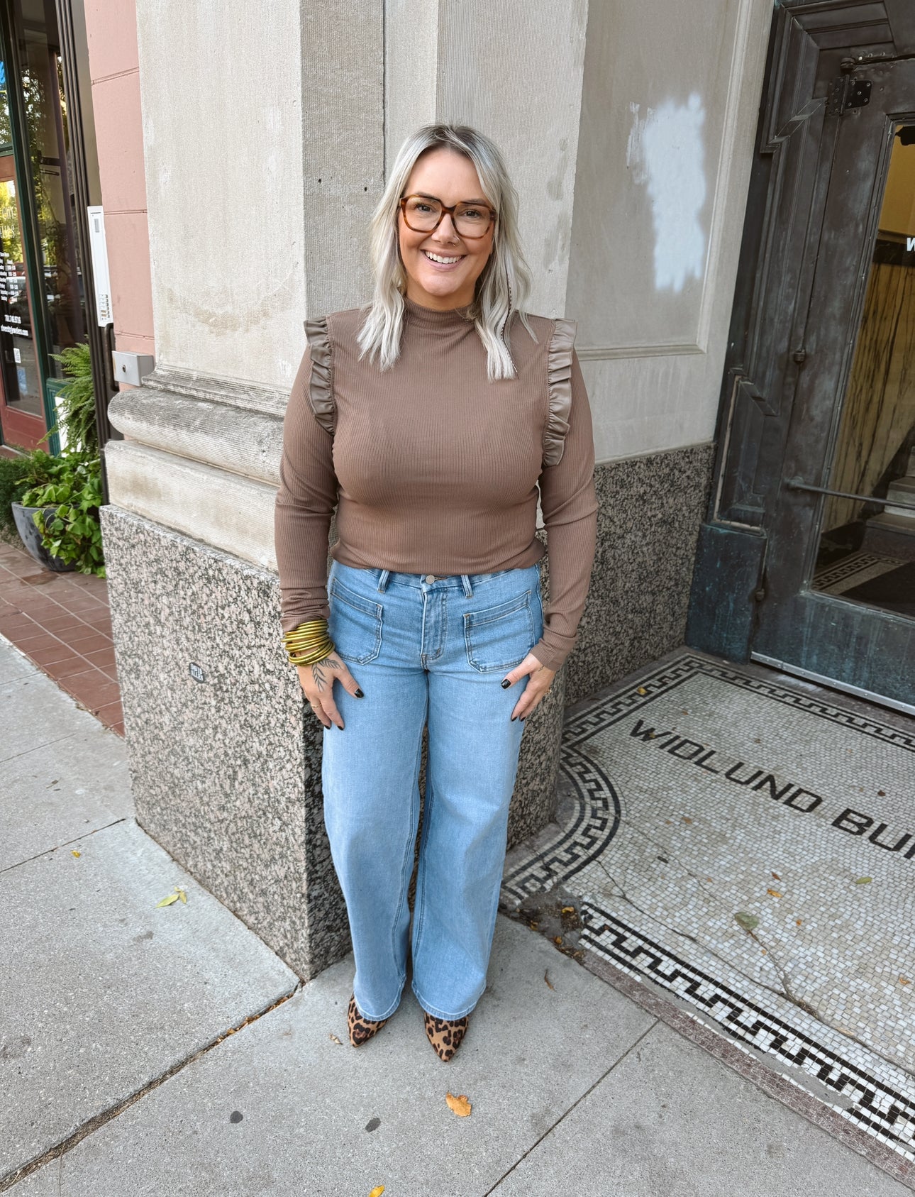 Mock Neck Puff with Leather Sleeve Top-Brown-Long Sleeve Tops-Doe and Rae-The Silo Boutique, Women's Fashion Boutique Located in Warren and Grand Forks North Dakota