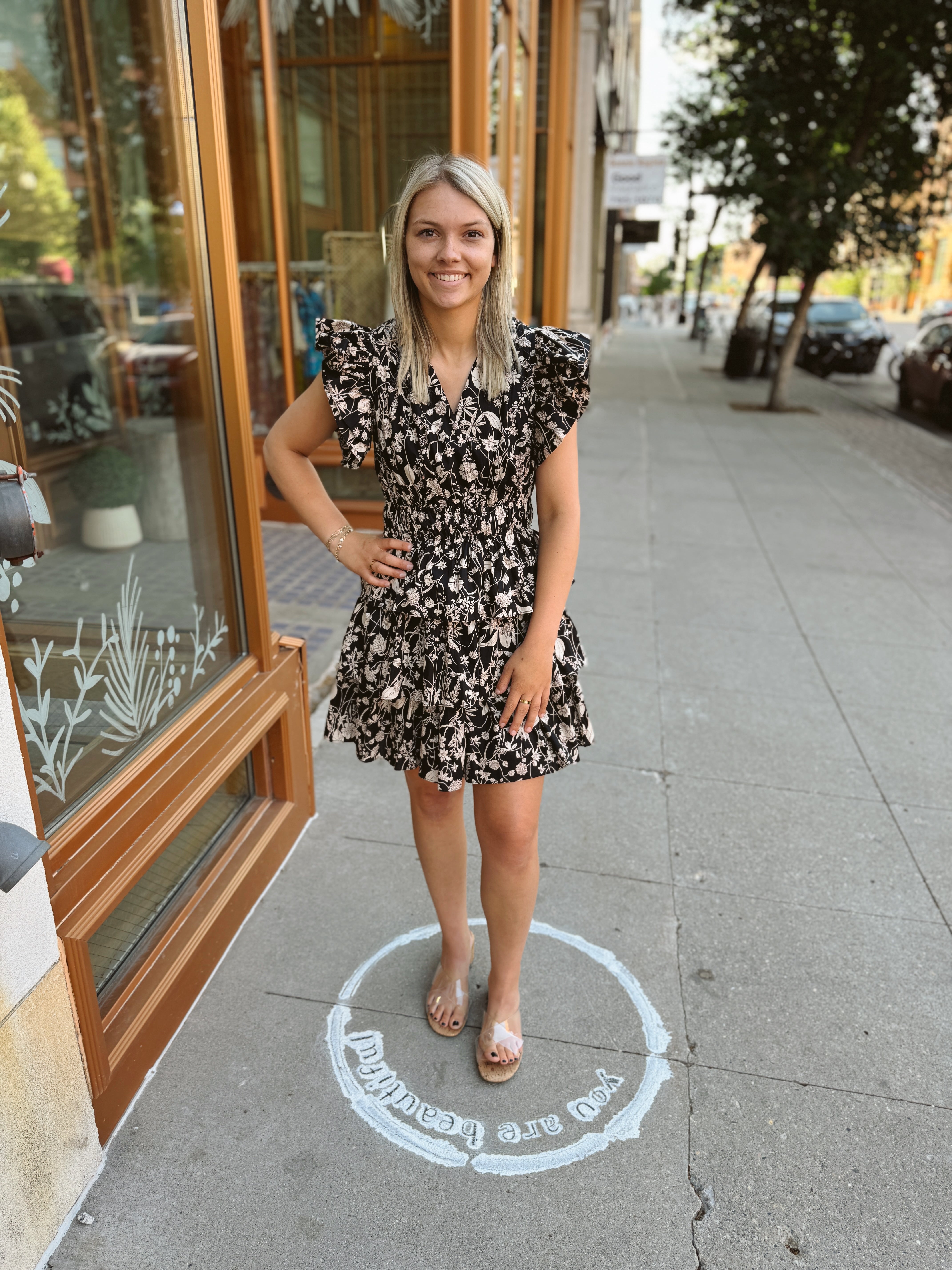 Black Floral Tier Short Dress-Dresses-ENTRO-The Silo Boutique, Women's Fashion Boutique Located in Warren and Grand Forks North Dakota