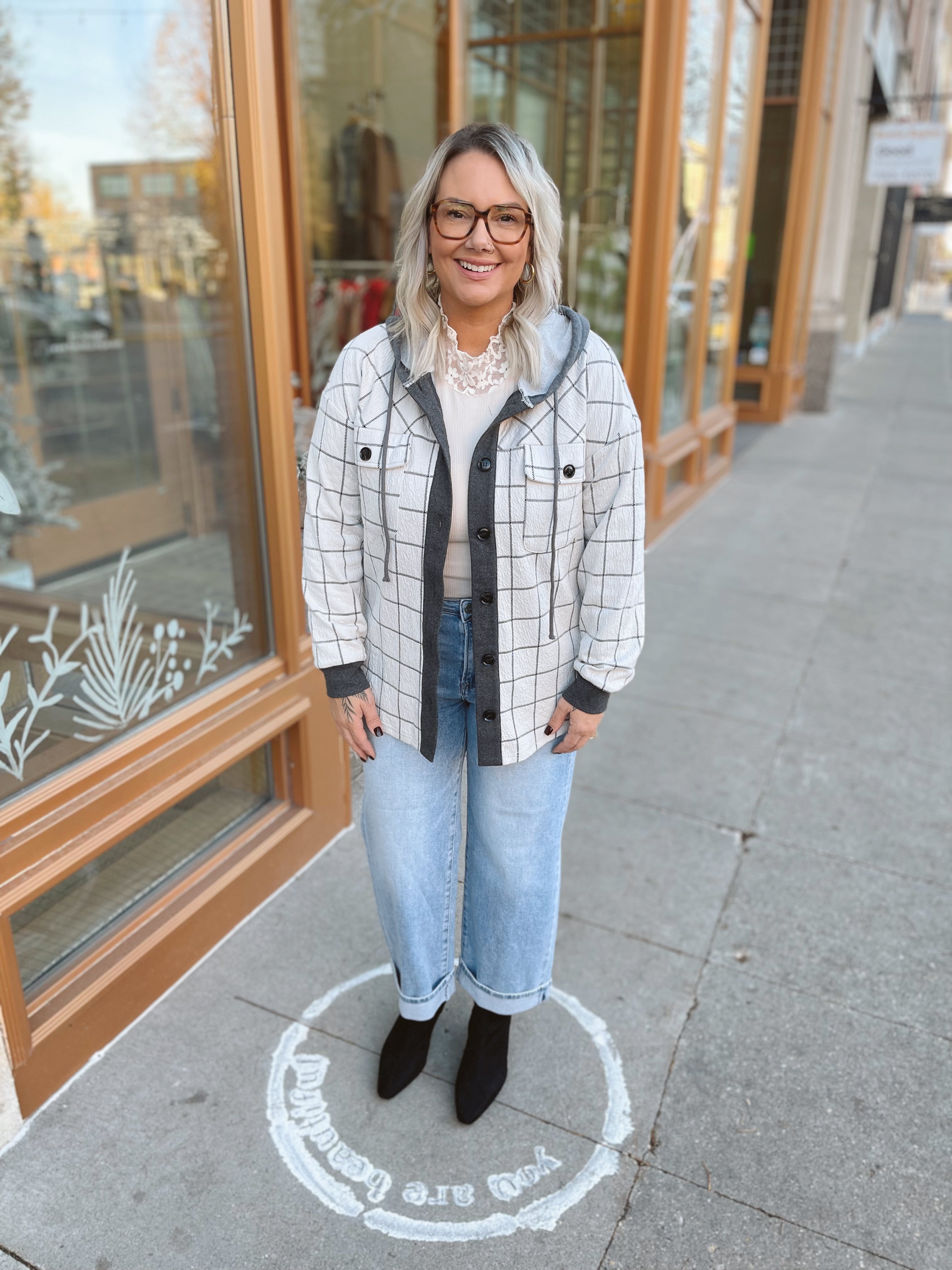 Off White Check Pattern Knit Button Up Top-Shackets-hem and thread-The Silo Boutique, Women's Fashion Boutique Located in Warren and Grand Forks North Dakota