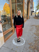 Ruby Red Satin Skirt-Skirts-wishlist-The Silo Boutique, Women's Fashion Boutique Located in Warren and Grand Forks North Dakota