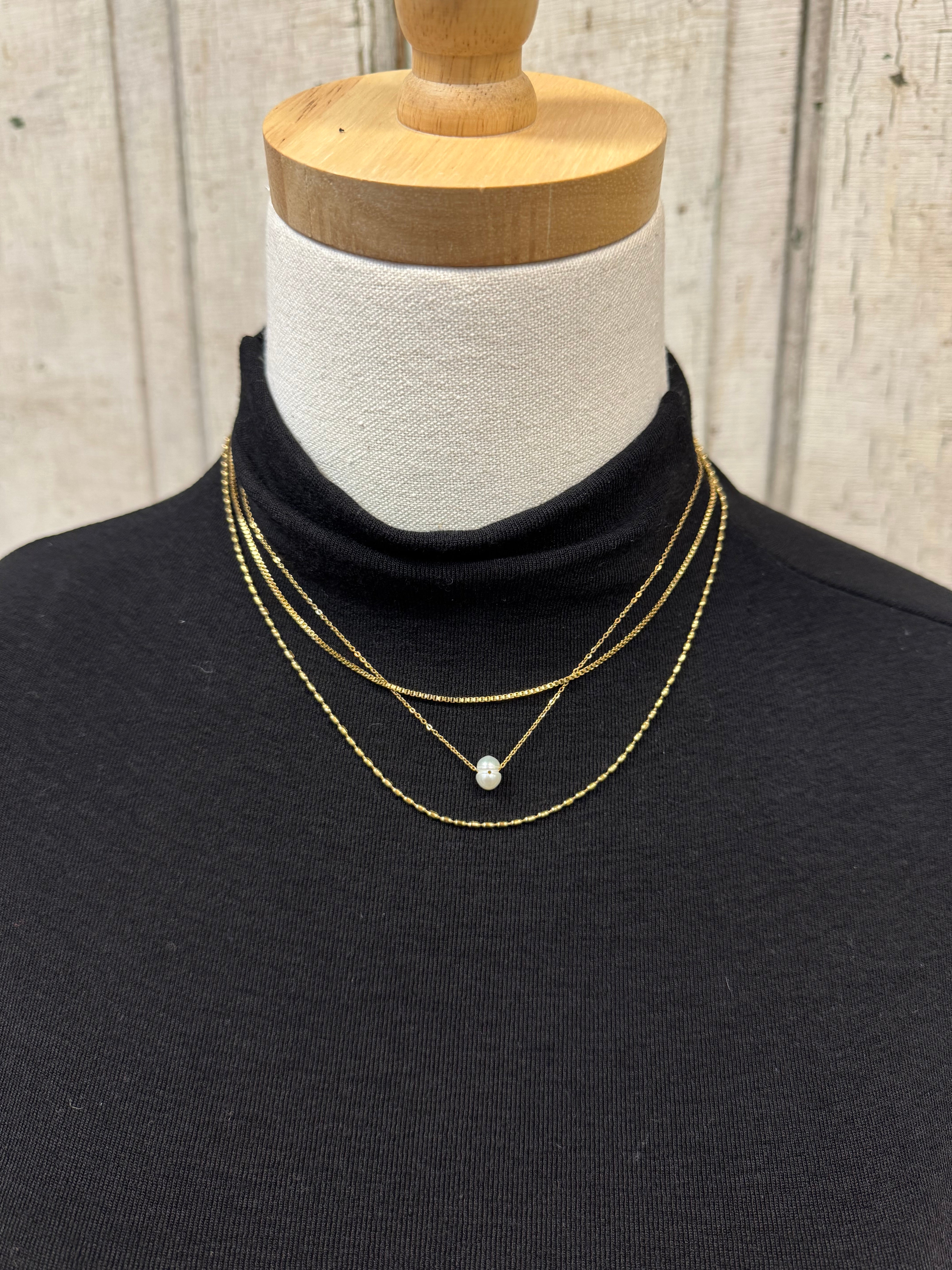 Gold Triple Chain with Pearl Necklace-Necklaces-Fame-The Silo Boutique, Women's Fashion Boutique Located in Warren and Grand Forks North Dakota