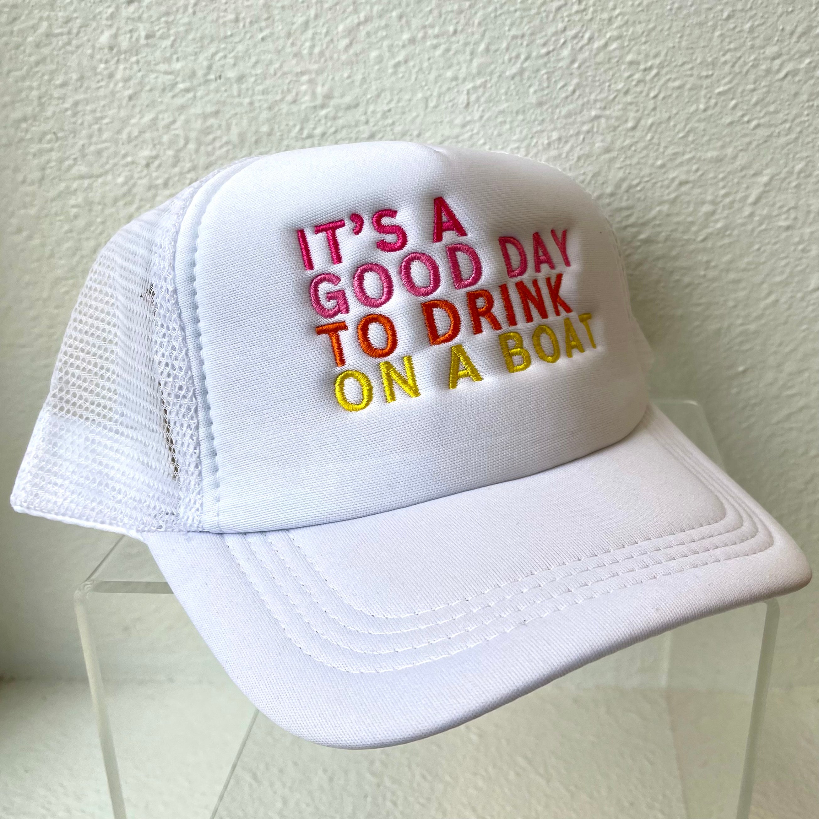 White Drink on a Boat Trucker Hat-Hats-panaache-The Silo Boutique, Women's Fashion Boutique Located in Warren and Grand Forks North Dakota