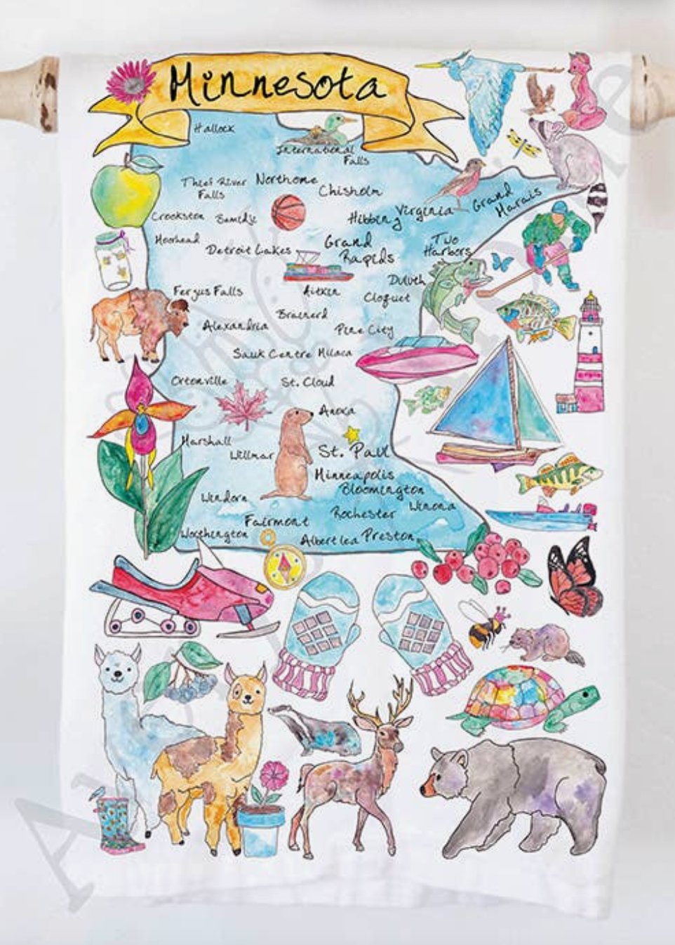 Minnesota State Map Whimsical Tea Towel-Tea Towels-Averys Home-The Silo Boutique, Women's Fashion Boutique Located in Warren and Grand Forks North Dakota