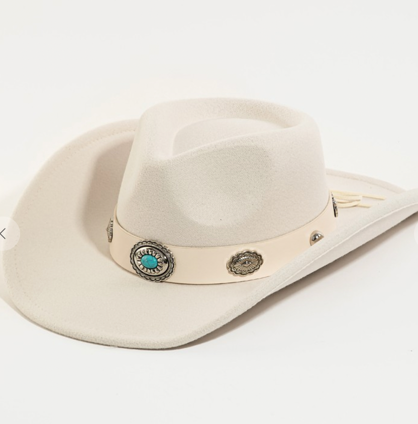 Ivory Boho Disc Strap Cowboy Hat-Hats-Fame-The Silo Boutique, Women's Fashion Boutique Located in Warren and Grand Forks North Dakota