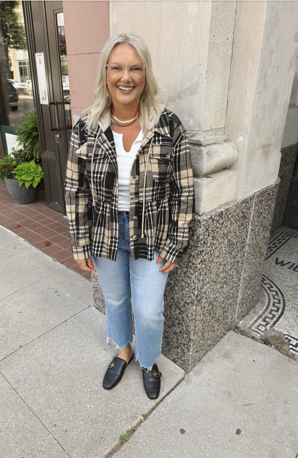 Black Mix Peplum Plaid Hooded Top-Long Sleeve Tops-mystree-The Silo Boutique, Women's Fashion Boutique Located in Warren and Grand Forks North Dakota