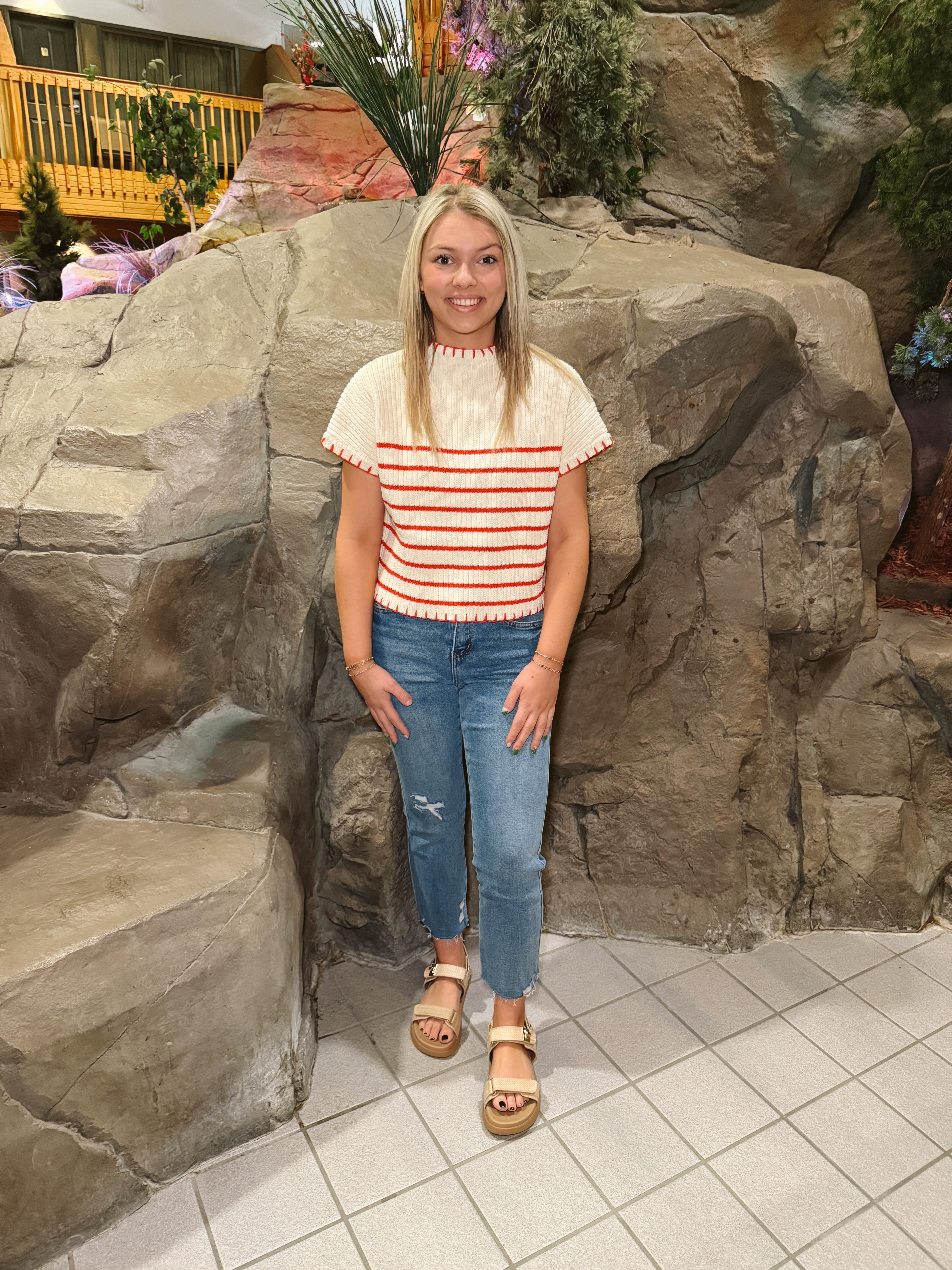 Cream and Red Striped Sweater Tee-Short Sleeve Tops-entro-The Silo Boutique, Women's Fashion Boutique Located in Warren and Grand Forks North Dakota