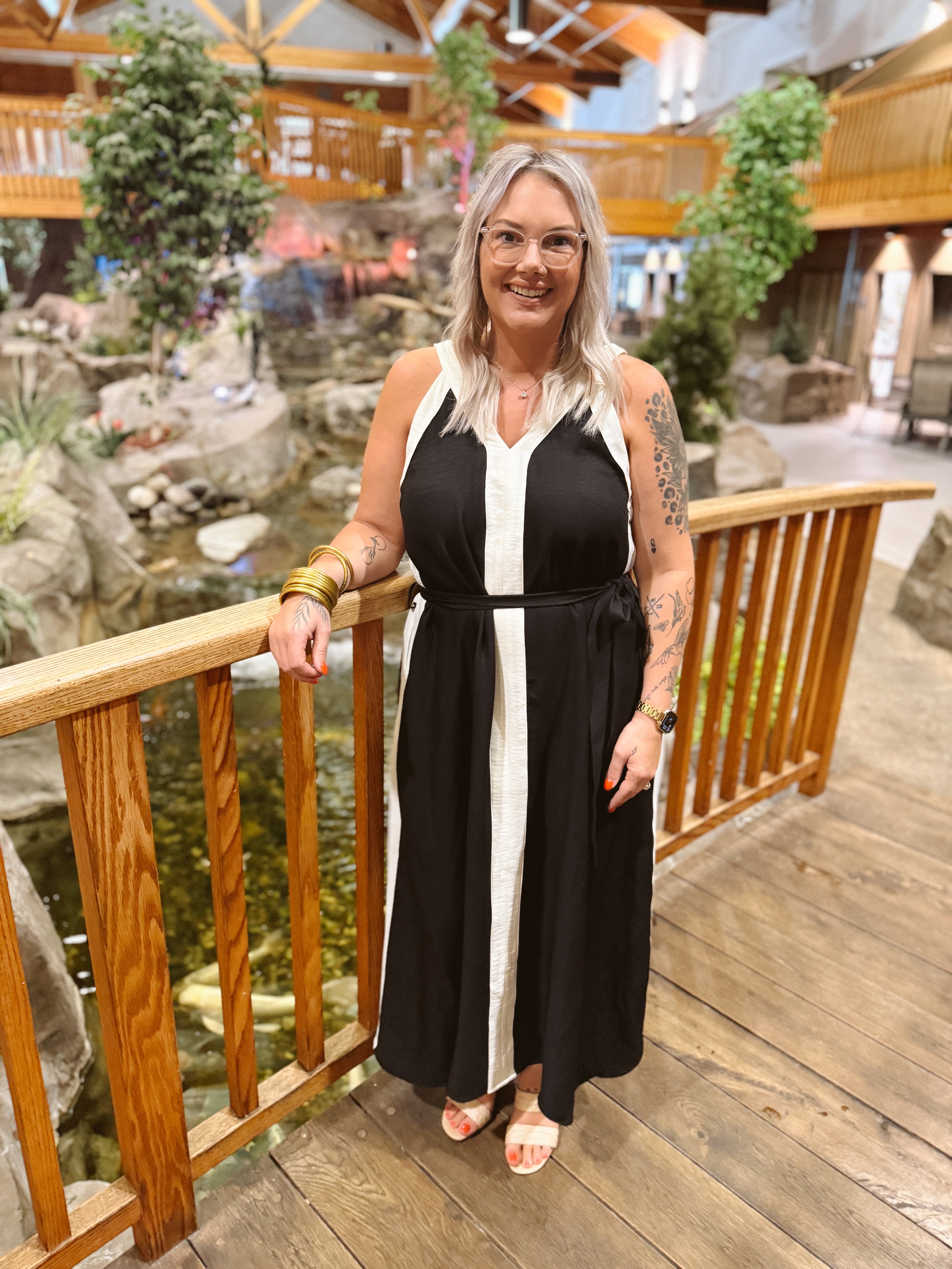 Black with Ivory Lines Maxi Dress-Dresses-entro-The Silo Boutique, Women's Fashion Boutique Located in Warren and Grand Forks North Dakota