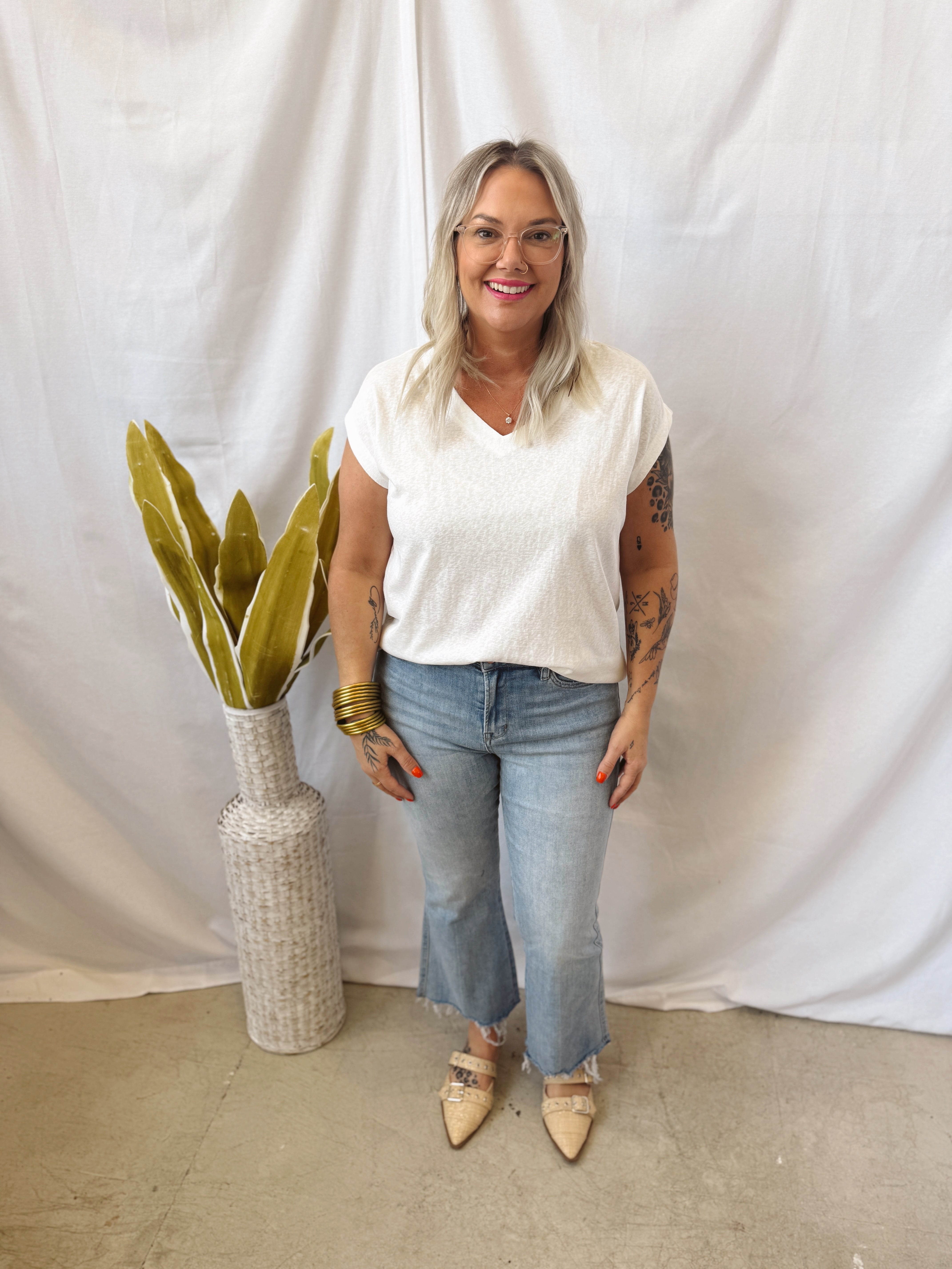 White V Neck Cap Sleeve Top-Short Sleeve Tops-staccato-The Silo Boutique, Women's Fashion Boutique Located in Warren and Grand Forks North Dakota