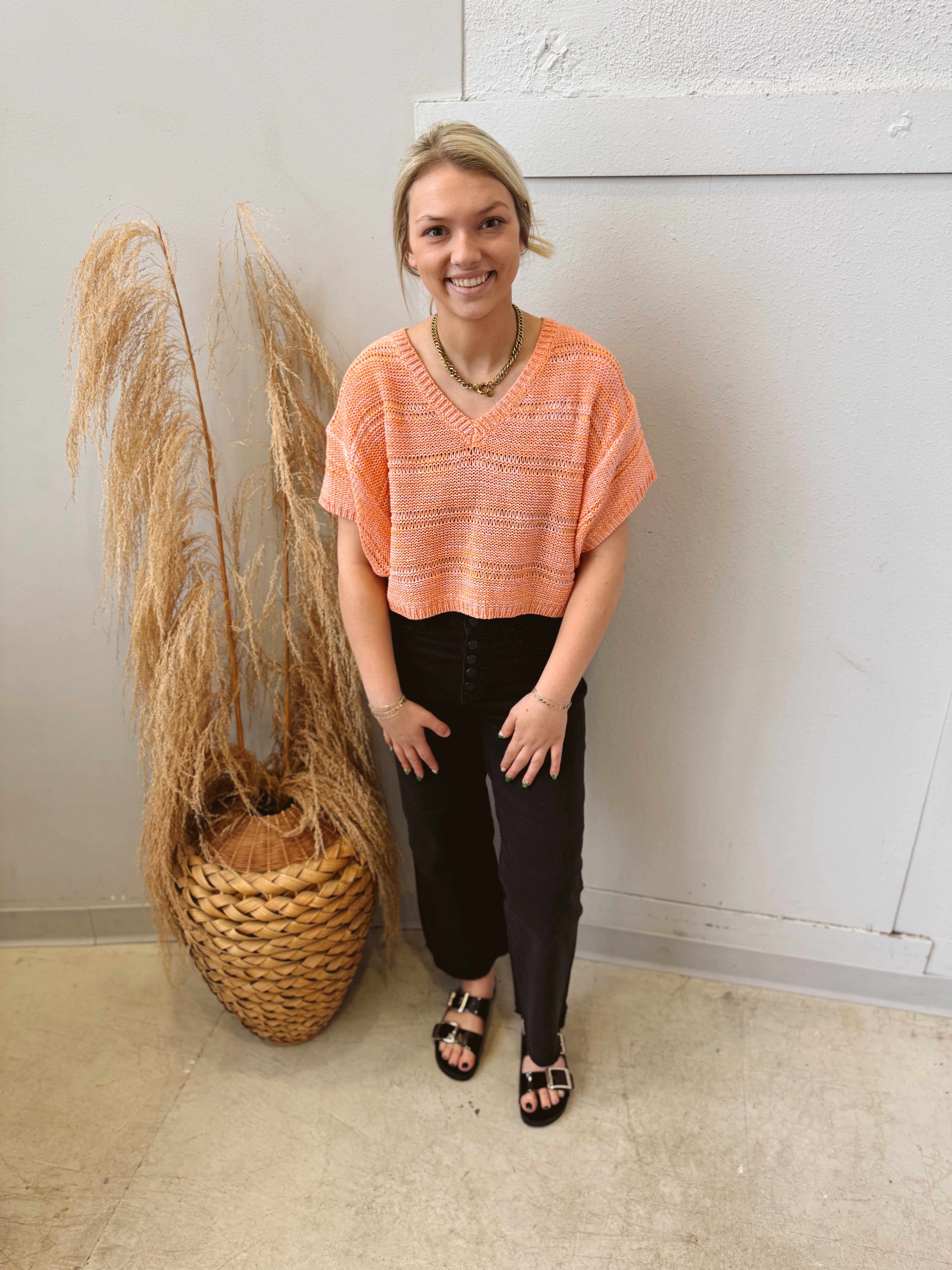 Sun Blush V Neck Short Sleeve Sweater-Short Sleeve Tops-mystree-The Silo Boutique, Women's Fashion Boutique Located in Warren and Grand Forks North Dakota