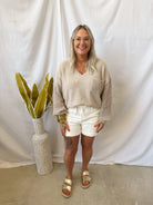 Knit V Neck Sweater Top-Oatmeal-Sweaters-eesome-The Silo Boutique, Women's Fashion Boutique Located in Warren and Grand Forks North Dakota