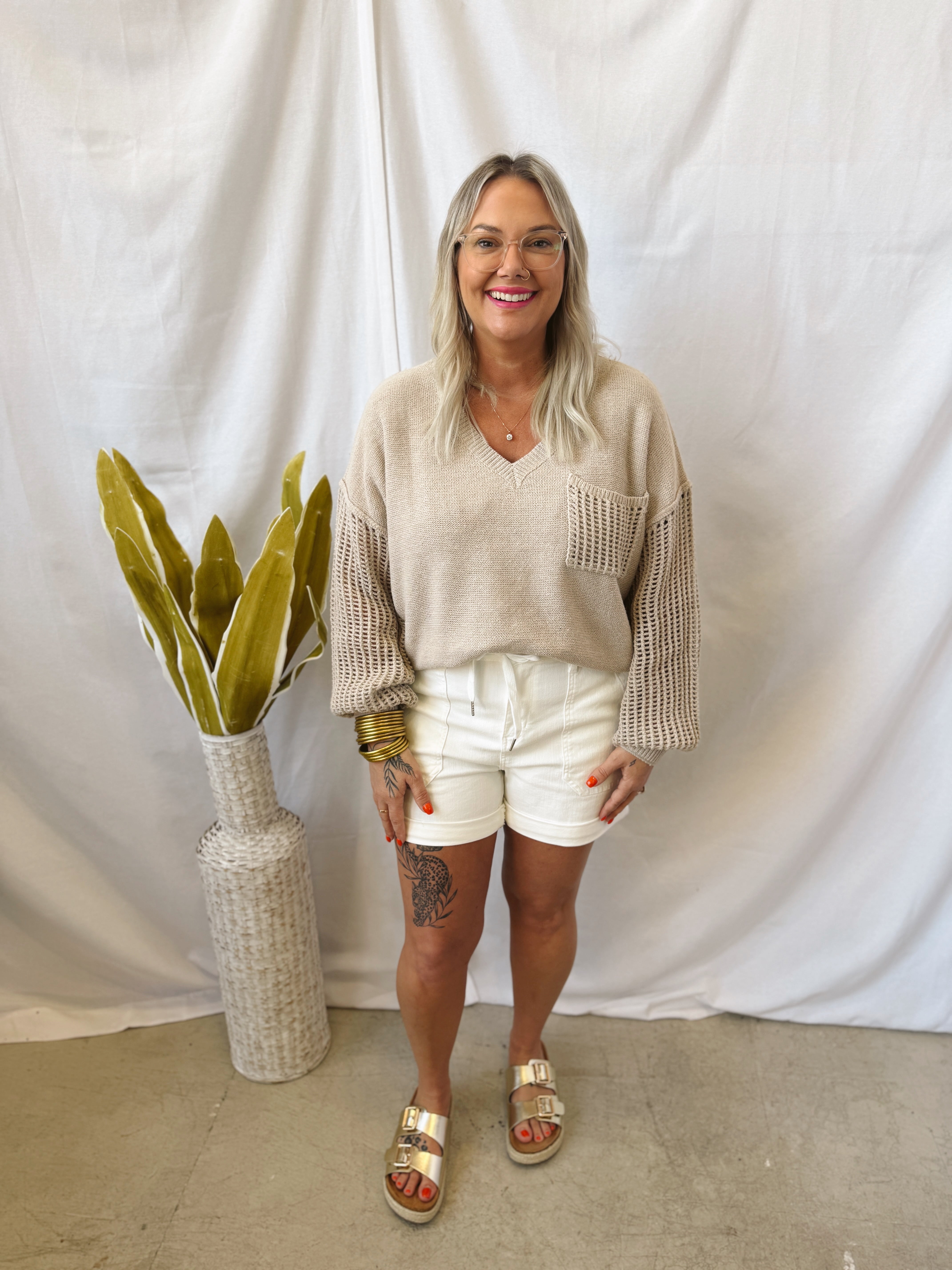 Knit V Neck Sweater Top-Oatmeal-Sweaters-eesome-The Silo Boutique, Women's Fashion Boutique Located in Warren and Grand Forks North Dakota