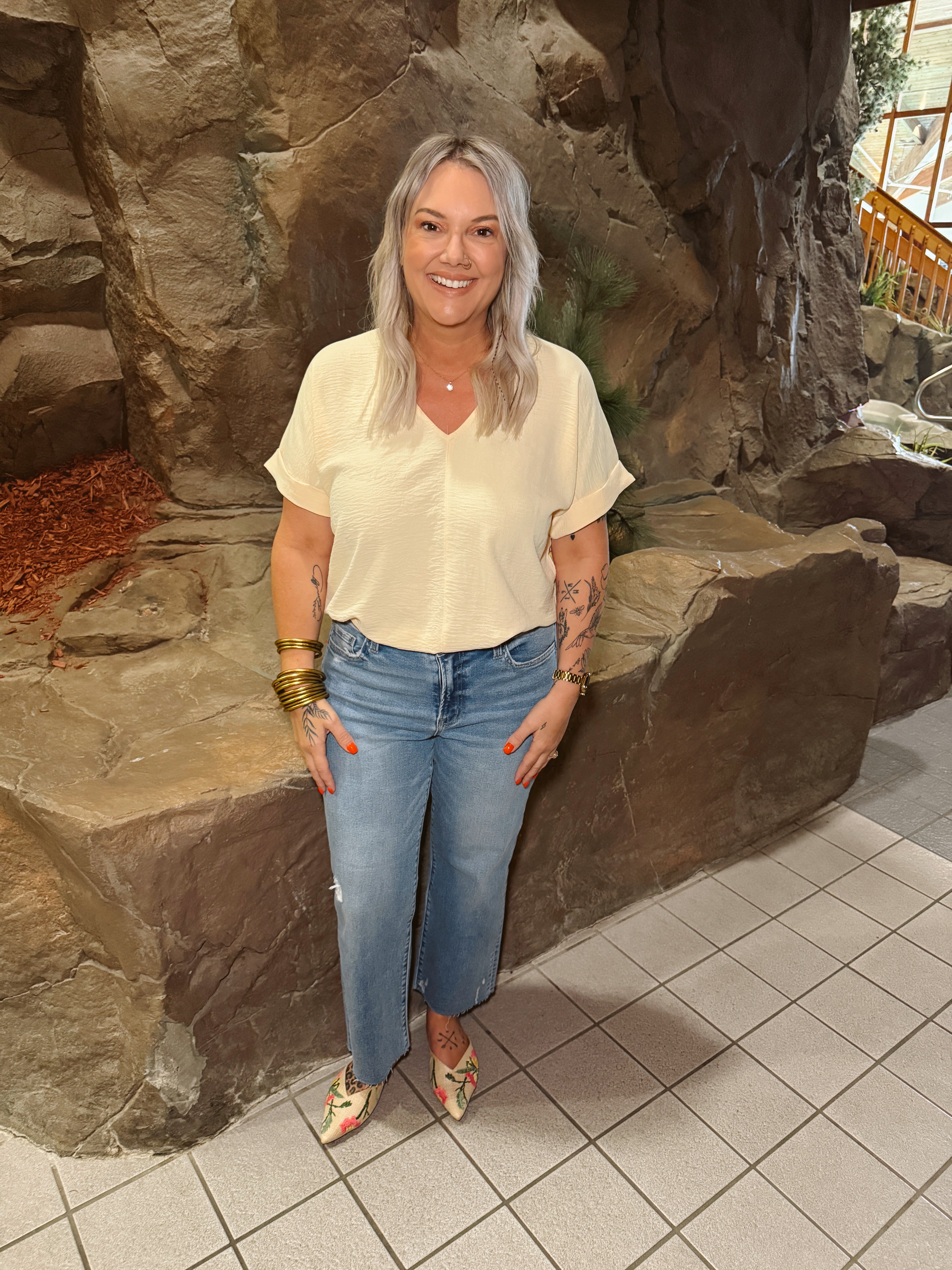 V Neck Roll Up Sleeve Crinkle Top-Yellow-Short Sleeve Tops-staccato-The Silo Boutique, Women's Fashion Boutique Located in Warren and Grand Forks North Dakota