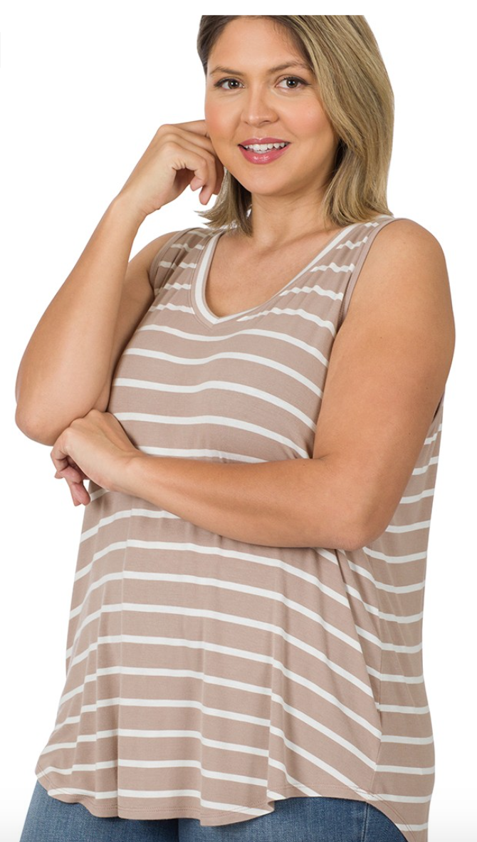 Val Zen Taupe White Striped Tank-Tank Tops-Zenana-The Silo Boutique, Women's Fashion Boutique Located in Warren and Grand Forks North Dakota