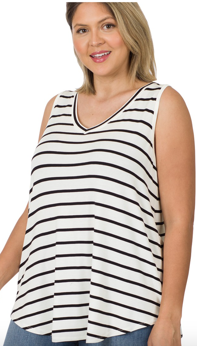 Val Zen White Black Striped Tank-Tank Tops-Zenana-The Silo Boutique, Women's Fashion Boutique Located in Warren and Grand Forks North Dakota